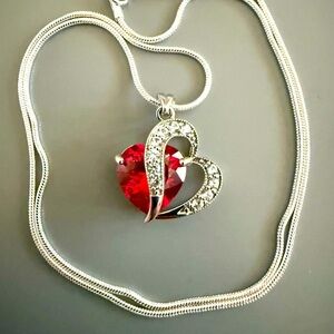Sterling Silver 925  Red and Clear CZ Heart Pendant with SS Plate Chain
